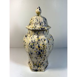 Ginger Jar Urn Blue Yellow White Speckle Splatter Glaze 10" Pottery Lidded
